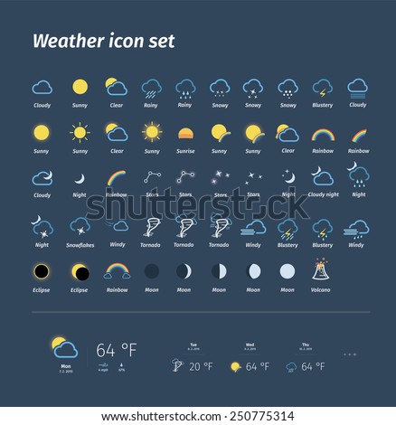 Mega pack of weather icons. All icons for weather with sample of use. 49 weather icons set. 100% vector, eps 10.