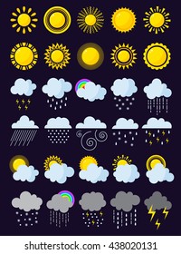 Mega pack of weather icons snow climate, sun forecast, rainy storm