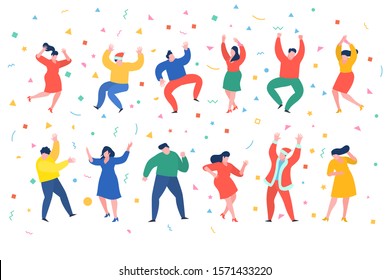 Mega party concept. People dance and enjoy. Office Team on the party. Flat design, vector illustration.