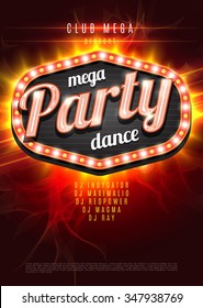 Mega Party Dance Poster Background Template with retro light frame on red flame background - Vector Illustration