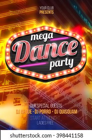 Mega Party Dance Poster Background Template with retro light frame on red urban background - Vector Illustration