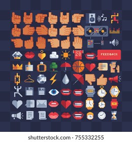 Mega pixel art icon set. Hands, musical symbols, female accessories, sports, weather, lips, clock, web icons.  Stickers design.  Isolated vector illustration. 8-bit sprites. 