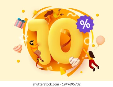 Mega sale. 10 percent discount. Special offer background with flying people. Promotion poster or banner. Vector illustration