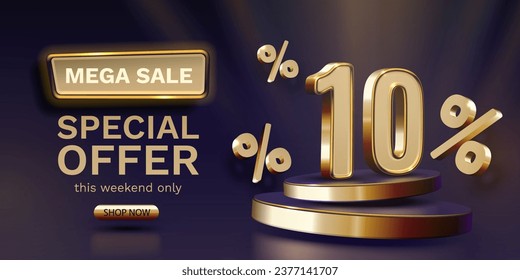 Mega venta, 10 banner de oferta especial. Promoción de tablero de oro. Ilustración del vector