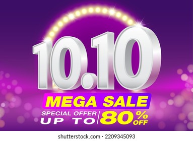 Mega sale 10.10 banner or poster template design. Promotion sale up 80% on purple pink stage and LED spotlights. Ads for the web. social media online shopping.