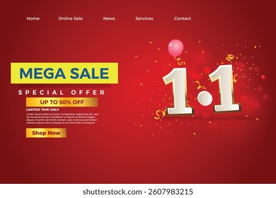 Mega Sale 1.1 Shopping day, discount online sale banner, 1.1 sale banner with Red BG, Golden White Number, Special offer Flash Sale