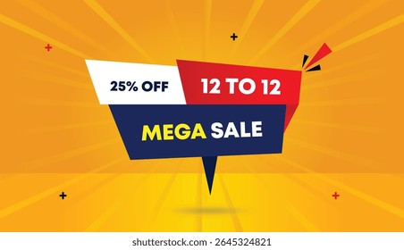 Mega Sale 12 to 12 grab 25% off editable web banner vector art illustration badge icon label with red gradient dark blue white shapes orange yellow abstract business background modern unique design