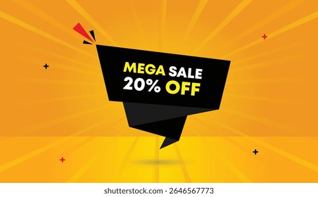 Mega Venta 20% Off editable Web Anuncio Arte vectorial Plantilla de diseño de la insignia de la etiqueta Formas negras naranja amarillo abstracto sol de fondo moderno estilo de negocios fácil de editar único y de moda