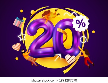 Mega sale. 20 percent discount. Special offer 20% background with flying people. Promotion poster or banner. Vector illustration