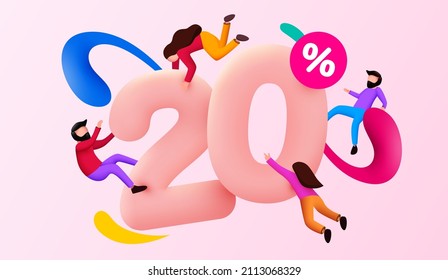 Mega sale. 20 percent discount. Special offer background with flying people. Promotion poster or banner. Vector illustration