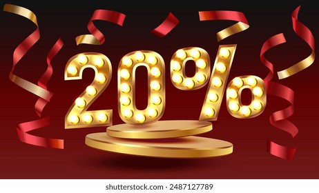 Mega sale, 20 special offer banner. Golden sign board promotion. Vector illustration