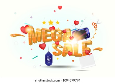 Mega sale 25% off. The concept for big discounts with voluminous text, a retro TV and red hearts on a light background with light effects. Flat vector illustration EPS10.