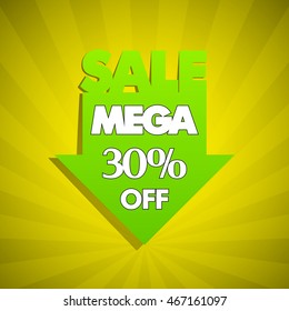 Mega Sale 30% off arrow banner tag. Abstract background. Advertising poster. Vector illustration