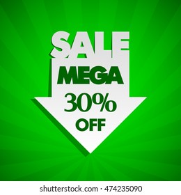 Mega Sale 30% off arrow banner tag. Abstract background. Advertising poster. Vector illustration
