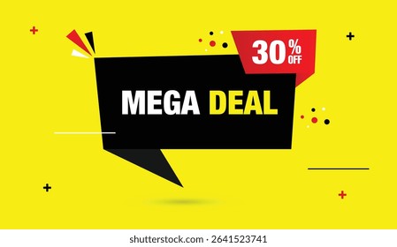 Mega Sale 30% Off editable vector art template design featuring black red shapes bold white text on yellow abstract background perfect for banners social media ads flyers modern promotional graphics