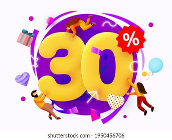 Mega sale. 30 percent discount. Special offer background with flying people. Promotion poster or banner. Vector illustration