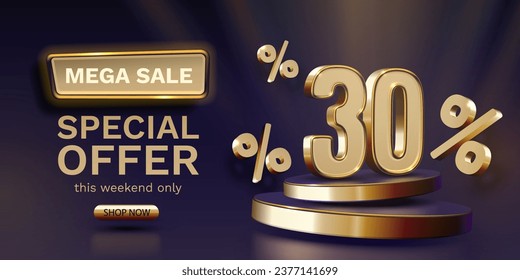 Mega sale, 30 special offer banner. Golden sign board promotion. Vector illustration