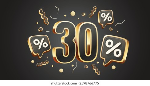Mega sale, 30 special offer banner. Golden sign board promotion. Vector illustration