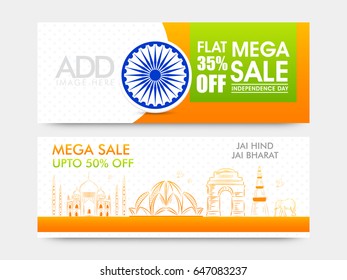 Mega venta con 35% de descuento. Cabeceras creativas de sitios web o banderas fijadas para el Día de la Independencia India.