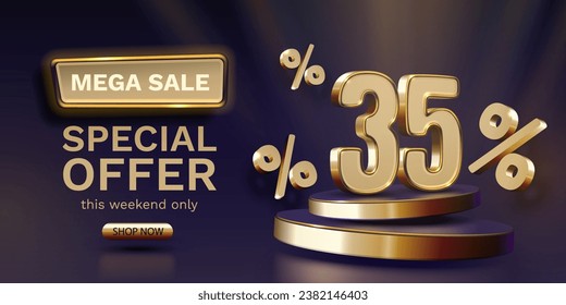 Mega venta, banner de 35 ofertas especiales. Promoción de tablero de oro. Ilustración del vector