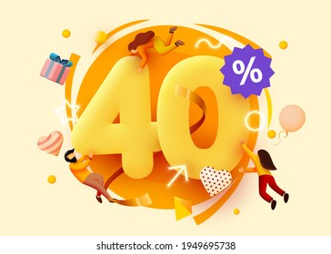 Mega sale. 40 percent discount. Special offer background with flying people. Promotion poster or banner. Vector illustration