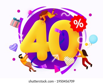 Mega sale. 40 percent discount. Special offer background with flying people. Promotion poster or banner. Vector illustration
