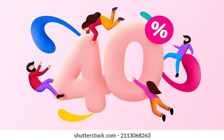 Mega sale. 40 percent discount. Special offer background with flying people. Promotion poster or banner. Vector illustration