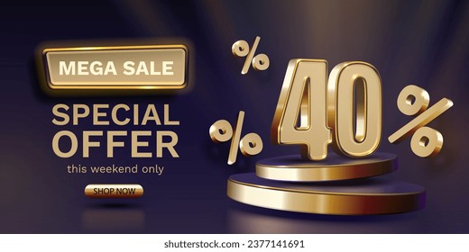 Mega sale, 40 special offer banner. Golden sign board promotion. Vector illustration svg
