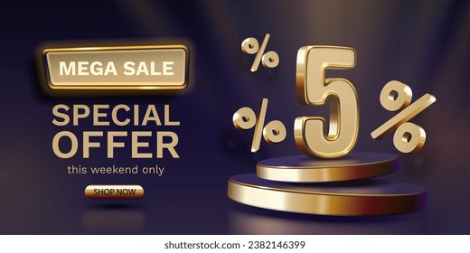 Mega sale, 5 special offer banner. Golden sign board promotion. Vector illustration