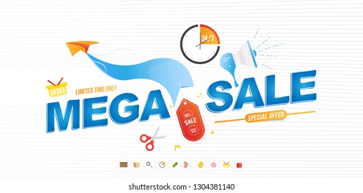 Mega Sale 50% banner template design with light effects and icons for shop. Loudspeaker and paper airplane with special offer. Vector illustration