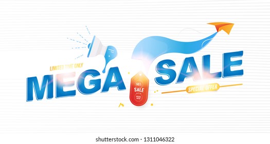 Mega Sale 50% banner template design with light effects. Loudspeaker and paper airplane with special offer. Flat vector illustration EPS 10