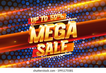 Mega sale up to 50 off, sale banner, promotion flyer, golden label. Vector illustration