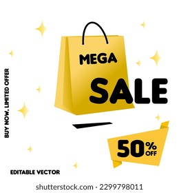 Mega Sale. 50% off. Banner for E-commerce and social media with shopping bag and yellow banner. font Insaniburger