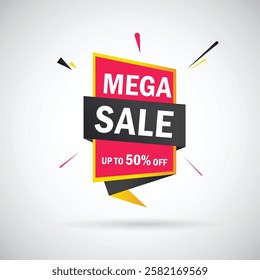 Mega Sale up to 50% off banner design. Mega sale banner template design for web or social media, Modern sale poster. discount sale banner composition with flat abstract background template vector.