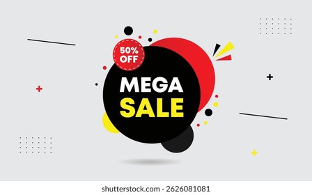 Mega venda 50% off editável vetor ilustração web banner design de modelo com preto amarelo vermelho gradiente formas luz cinza negócio abstrato moderno marketing desconto gráfico e promoção