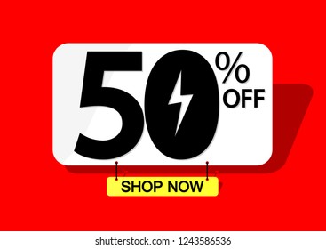 Mega Sale, 50% off, Flash discount banner design template, offer tag, vector illustration