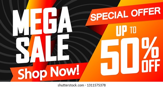Mega Sale, up to 50% off, horizontal poster design template, special offer, discount web banner, vector illustration