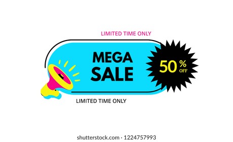 Mega sale. 50% off. Megaphone with bubble speech. Concept for promotion and advertising. Sticker for best stock sales. Vector illustration for design or print. 