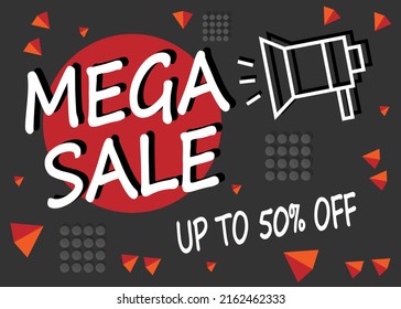 Mega sale 50% off. Up to 50% percent banner for sales and promotion with megaphone.