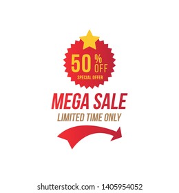 Mega Sale with 50% off and red sticker. Template of the emblem with special offer. Flat Vector EPS10