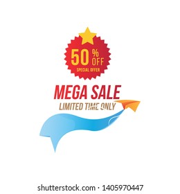 Mega Sale with 50% off and red sticker. Template of the emblem with special offer and Paper Airplane. Flat Vector EPS10