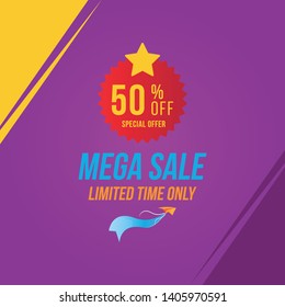 Mega Sale with 50% off and red sticker. Template of the emblem with special offer and Paper Airplane. Flat Vector EPS10