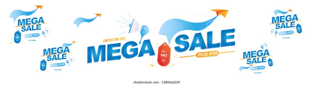 Mega Sale 50% off. Set of emblems template design. Loudspeaker and paper airplane with special offer. Flat vector illustration EPS10.