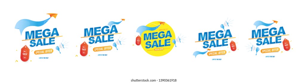 Mega Sale 50% off. Set of emblems template design. Loudspeaker and paper airplane with special offer. Flat vector illustration EPS10.