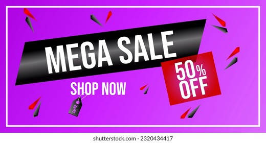 Mega Sale. 50% off. Shop now. Sale banner for e-commerce or social media. Purple gradient background. Bebas Neue Bold typography