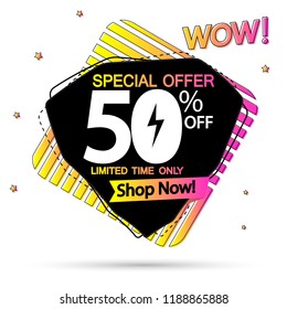 Mega Sale 50% off tag, Flash discount banner design template, special offer, vector illustration