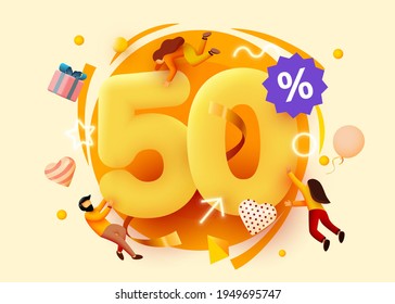 Mega sale. 50 percent discount. Special offer background with flying people. Promotion poster or banner. Vector illustration
