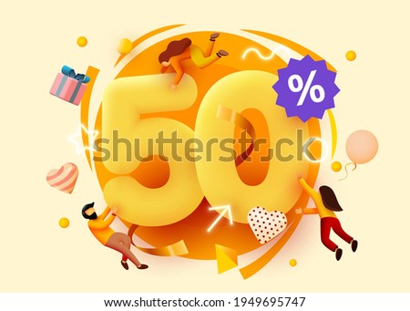 Mega sale. 50 percent discount. Special offer background with flying people. Promotion poster or banner. Vector illustration