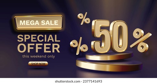 Mega sale, 50 special offer banner. Golden sign board promotion. Vector illustration