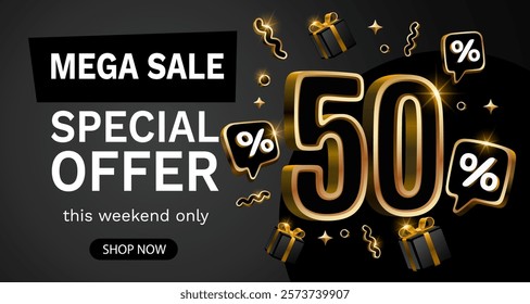 Mega sale, 50 special offer banner. Golden sign board promotion. Vector illustration